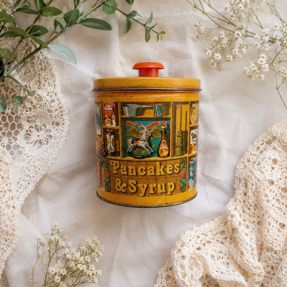 Vintage 1984 Quaker Oats Limited Edition Pancakes & Syrup Tin Canister w/ Lid